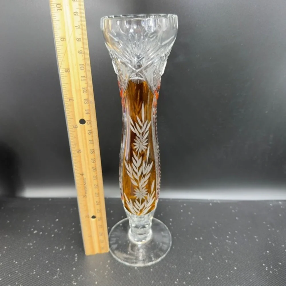 Vintage Bohemian Glass Amber‎ Cut to Clear Crystal Bud Vase Floral Wheat Pattern